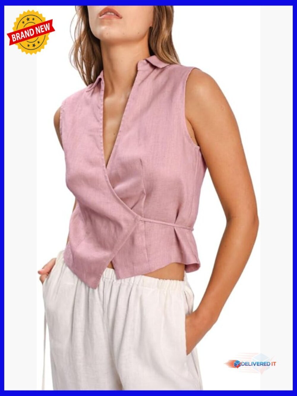 100% Linen Sleeveless Wrap Crop Top with Tie Waist